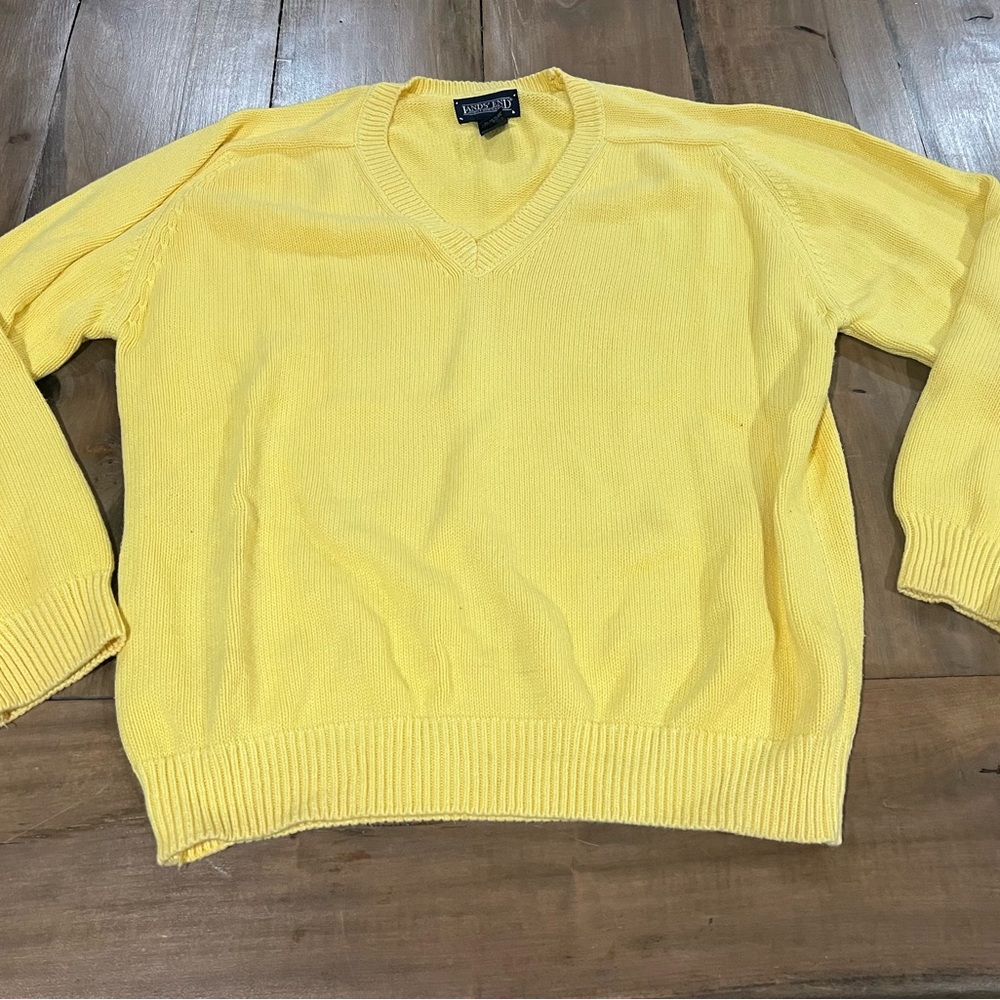 Vintage Lands’ End Chunky Knit V-Neck Sweater, Size Medium, Yellow